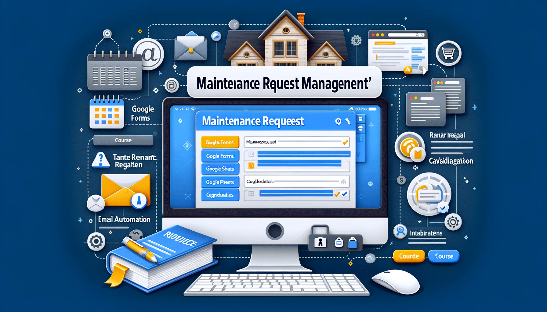 DALL·E 2024-01-15 10.49.02 – An online course banner for ‘Maintenance Request Management’. The banner shows a computer screen with Google Forms, Google Sheets, and a coding interf